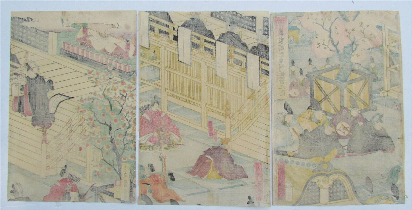 JAPANESE WOODBLOCK TRIPTYCH PRINT ANTIQUE by UTAGAWA YOSHIMORI EDO 1863