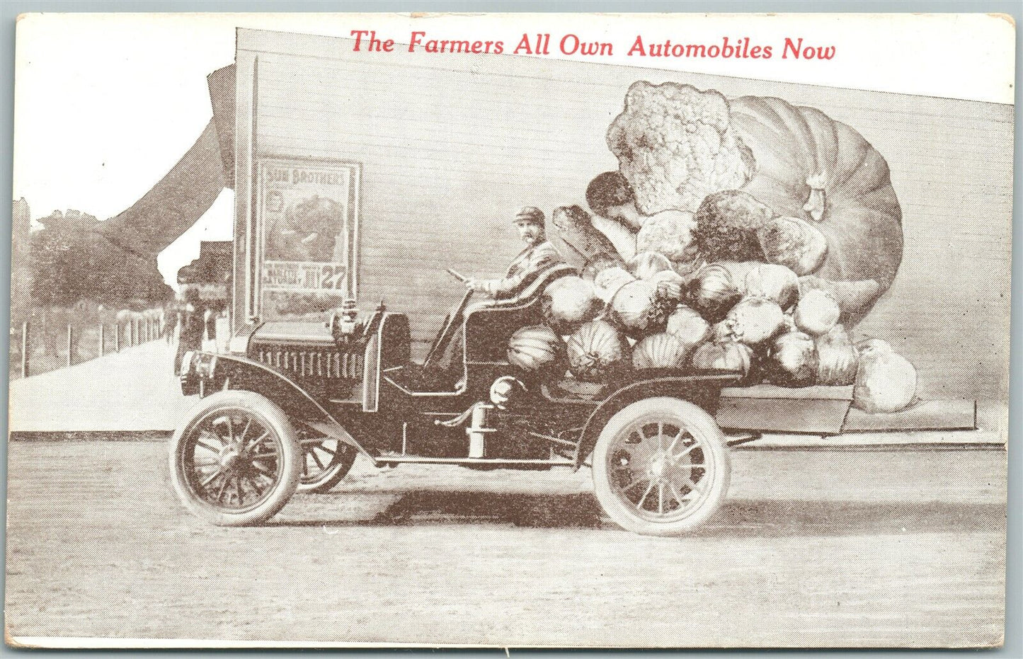 FARMERS ALL OWN AUTOMOBILES NOW EXAGGERATED ANTIQUE POSTCARD