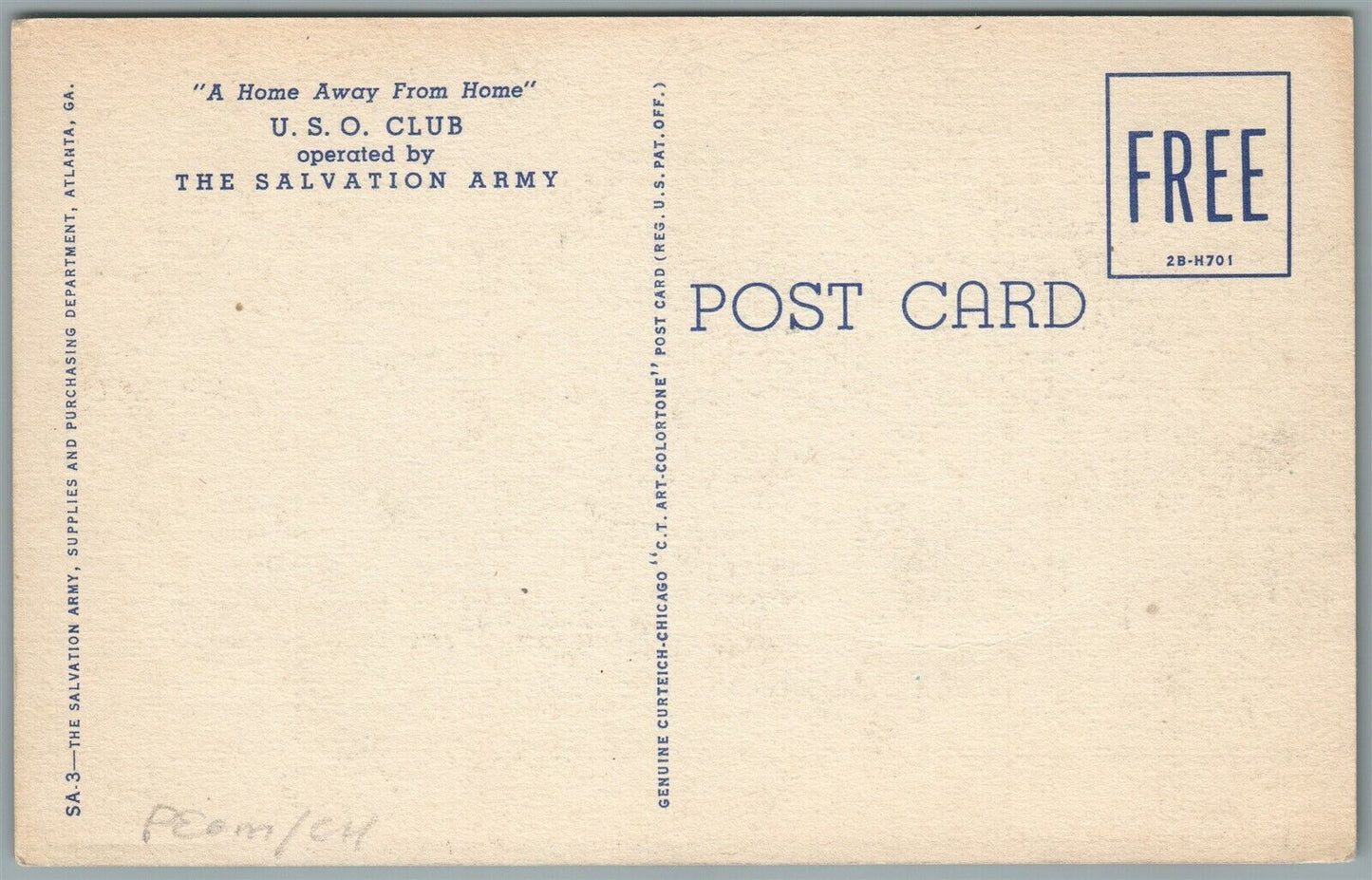 USO CLUB OPENED BY SALVATION ARMY VINTAGE POSTCARD