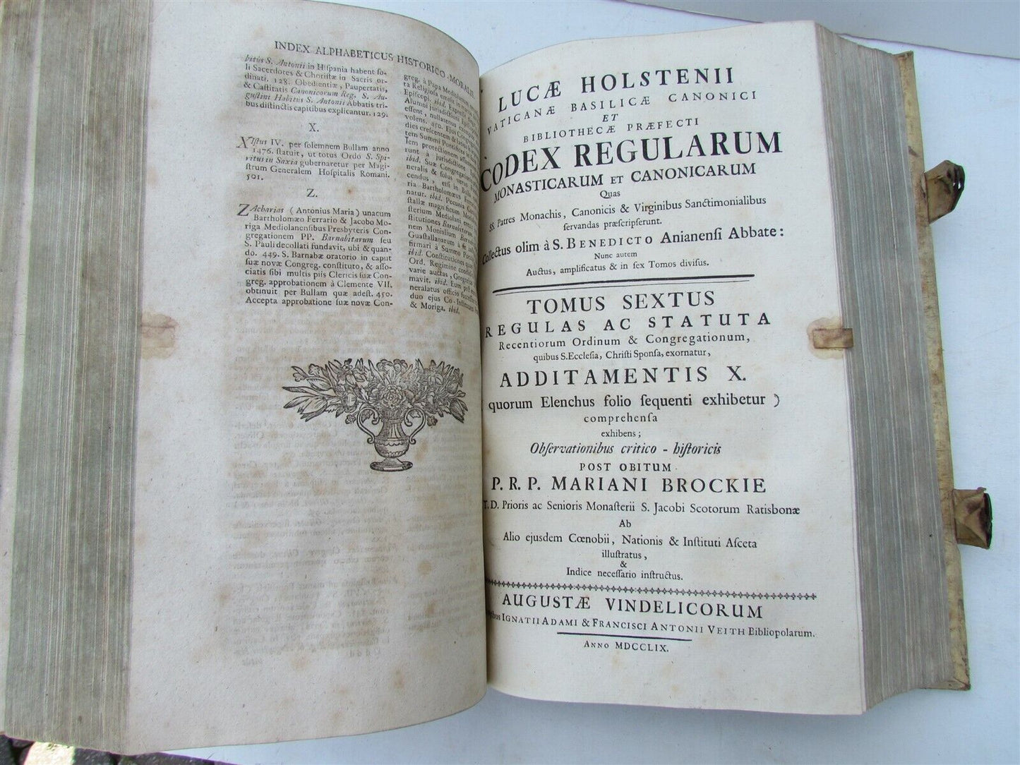 1759 PIGSKIN BOUND ANTIQUE FOLIO MONASTIC LIFE Codex Regularum by L. Holstenii