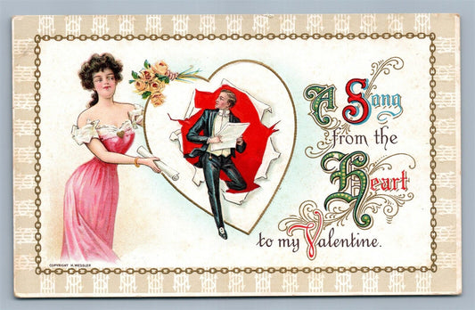 VALENTINE EMBOSSED ANTIQUE POSTCARD MAN w/ NEWSPAPER