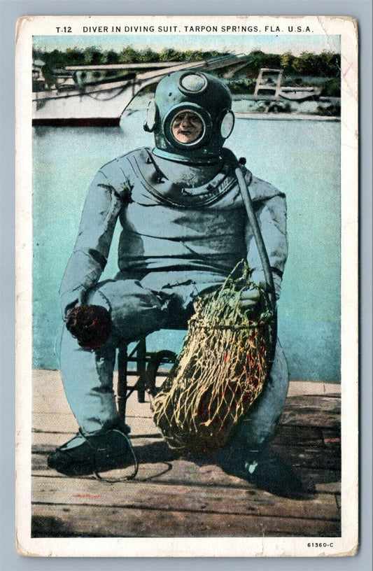 TARPON SPRINGS FL DIVER IN DIVING SUIT ANTIQUE POSTCARD