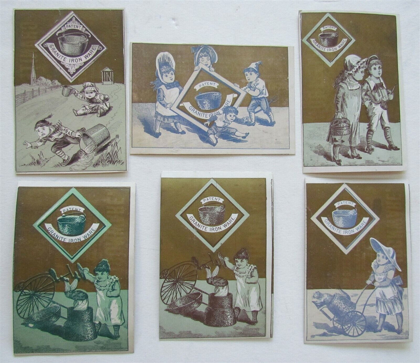 GRANITE IRONWARE ADVERTISING set of 6 ANTIQUE VICTORIAN TRADE CARDS