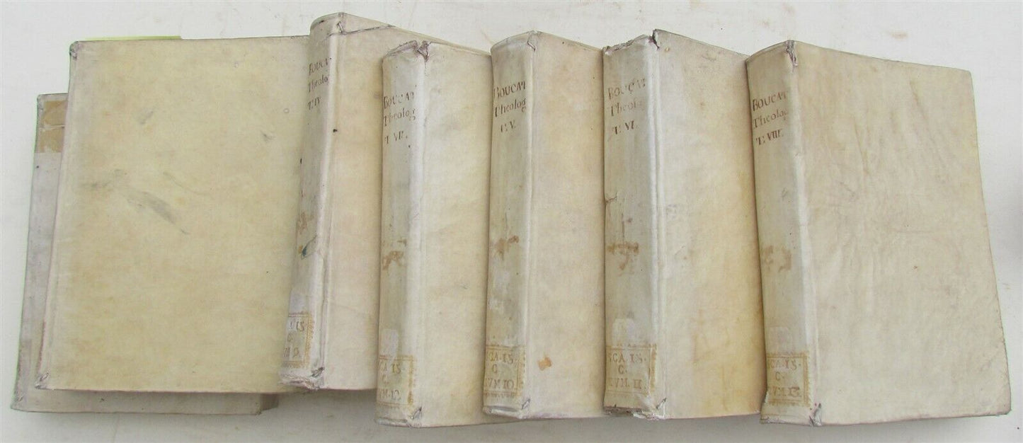 1736 VELLUM BINDING 7 VOLUMES LOT THEOLOGIA PATRUM by ANTONIO BOUCAT ANTIQUE