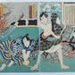 JAPANESE WOODBLOCK DIPTYCH PRINT ANTIQUE KABUKI ACTORS SWORD FIGHT EDO