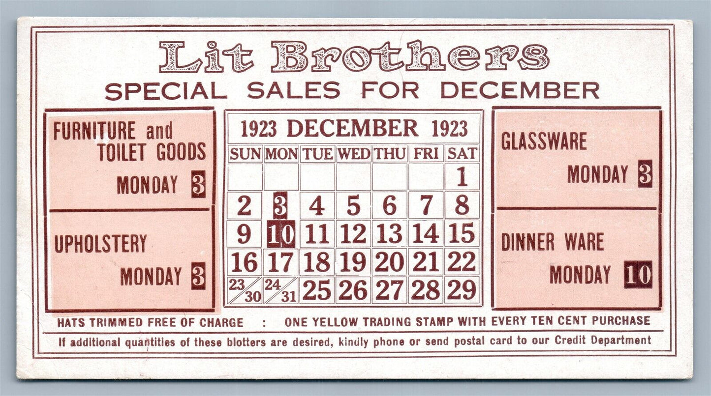 VICTORIAN TRADE CARD LIT BROTHERS FURNITURE GLASSWARE UPHOLSTERY 1923 CALENDAR