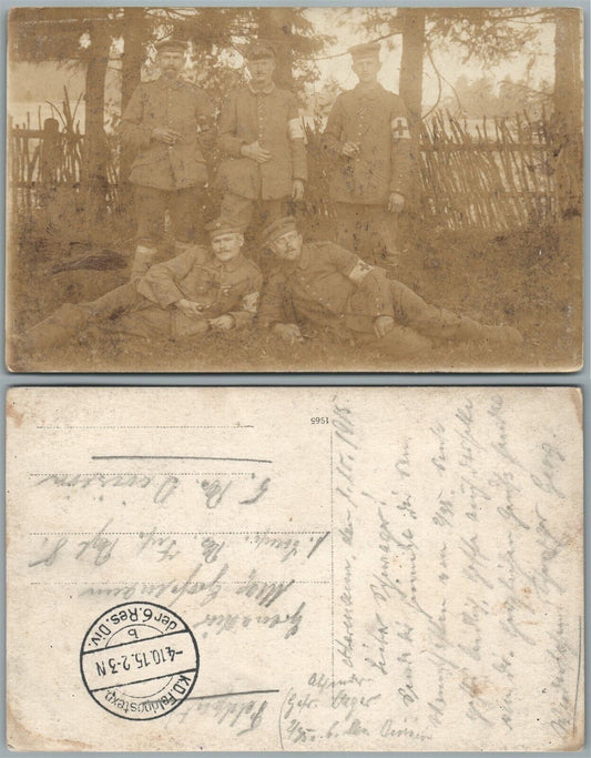 RED CROSS MEN GROUP w/ TOBACCO PIPE WWI ANTIQUE REAL PHOTO POSTCARD RPPC