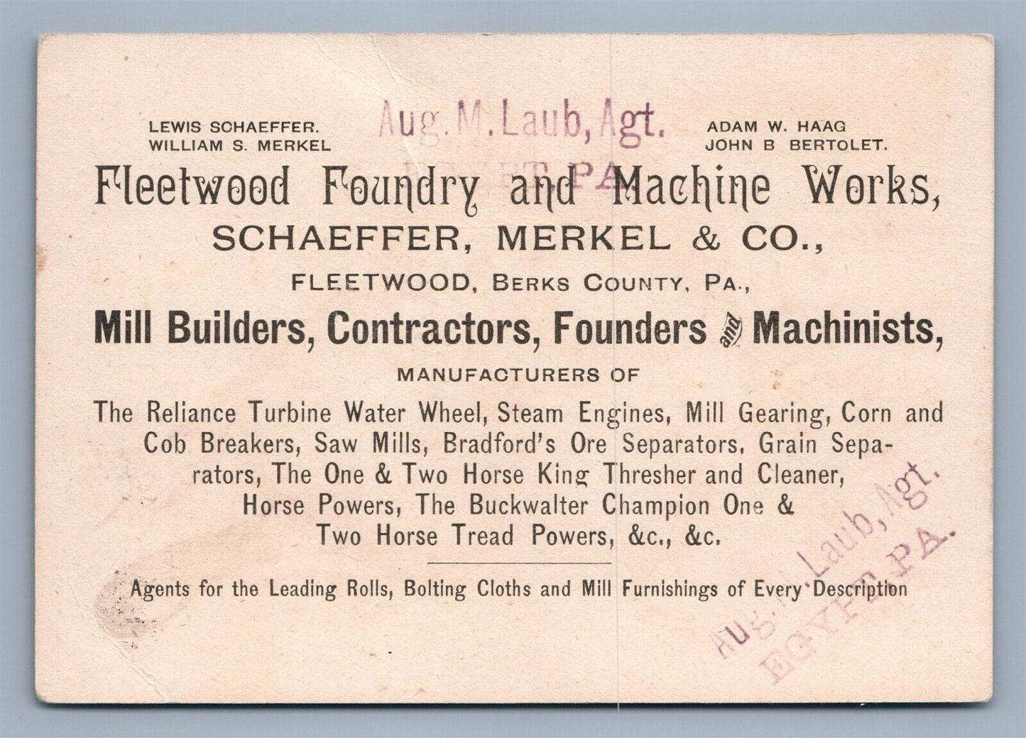 FLEETWOOD PA FOUNDRY & MACHINE WORKS VICTORIAN TRADE CARD SCHAEFFER MERKEL