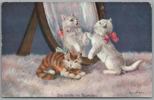 CAT & THE MIRROR ARTIST SIGNED ANTIQUE POSTCARD