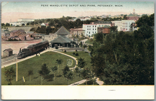 PETOSKEY MI RAILROAD RAILWAY DEPOT STATION & PARK ANTIQUE POSTCARD