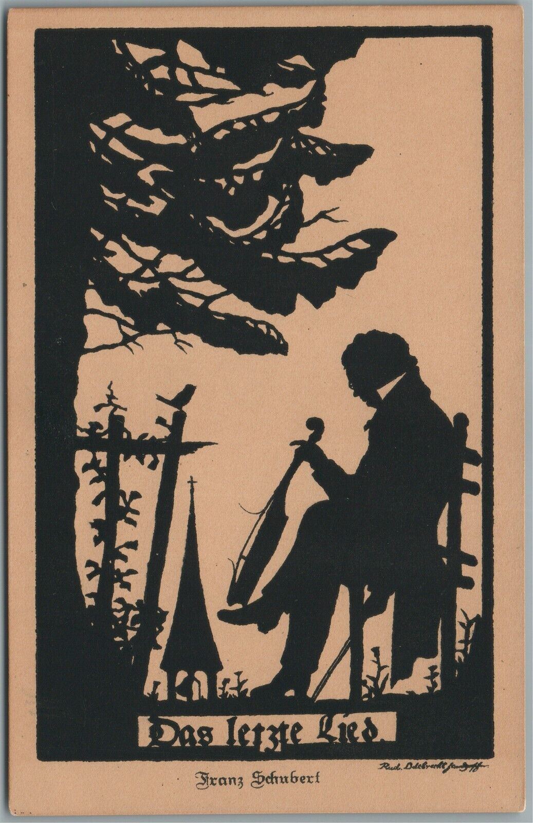 SILHOETTE VIOLIN PLAYER GERMAN ARTIST SIGNED ANTIQUE POSTCARD