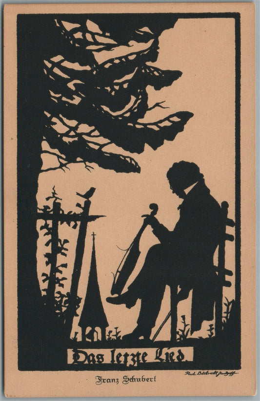 SILHOETTE VIOLIN PLAYER GERMAN ARTIST SIGNED ANTIQUE POSTCARD