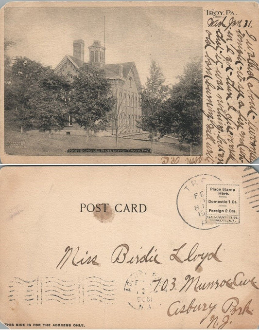 ANTIQUE UNDIVIDED POSTCARD HIGH SCHOOL BUILDING TROY PA