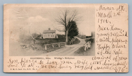 HAVERHILL MA WHITTIER'S BIRTHPLACE UNDIVIDED ANTIQUE POSTCARD PRIVATE MAILING