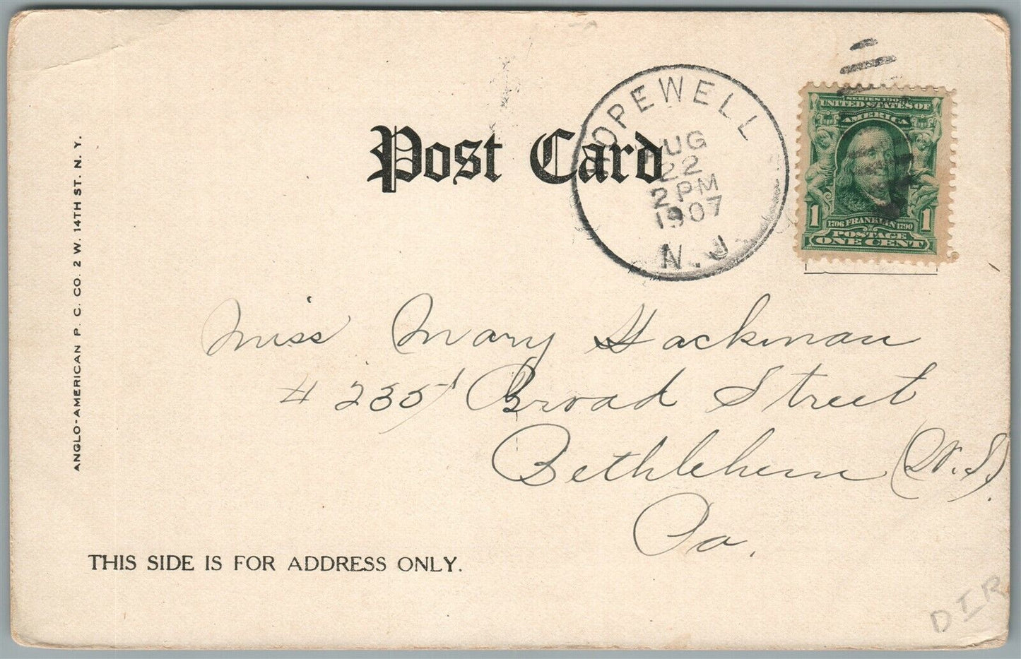HOPEWELL NJ EAST BROAD STREET ANTIQUE POSTCARD