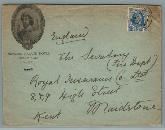 BELGIUM to ENGLAND ANTIQUE COVER w/ STAMP MEMLING PALACE HOTEL BRUGE