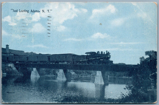 JUST LEAVING ADAMS NY train railway railroad 1907 ANTIQUE POSTCARD