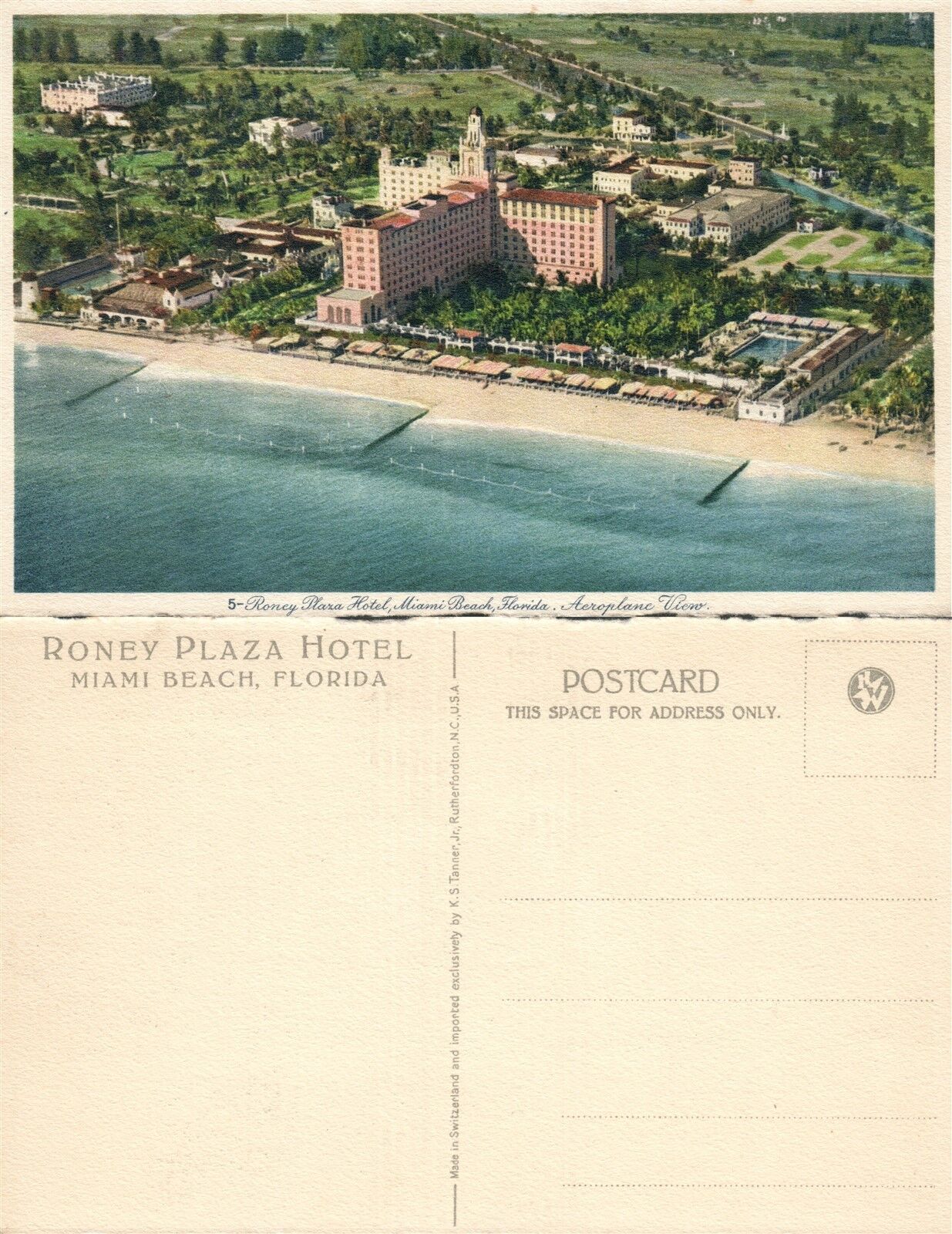 MIAMI BEACH FL RONEY PLAZA HOTEL AEROPLANE VIEW VINTAGE POSTCARD