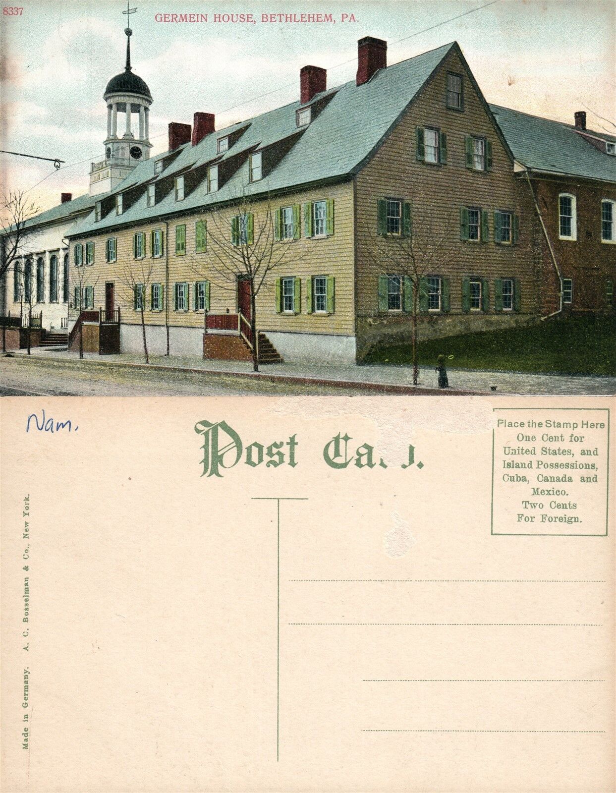 BETHLEHEM PA GERMEIN HOUSE ANTIQUE POSTCARD