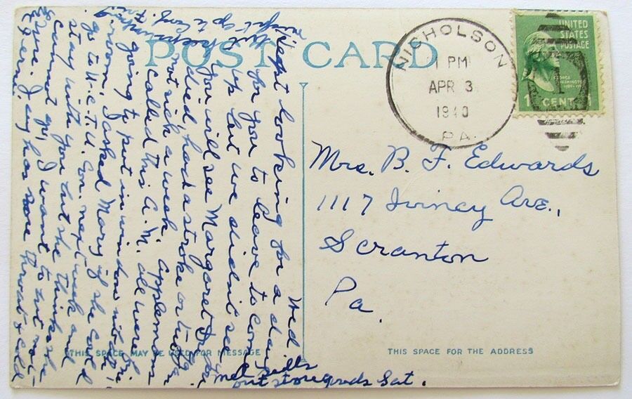 VINTAGE 1940 POSTCARD LOWER STATE STREET NICHOLSON PA