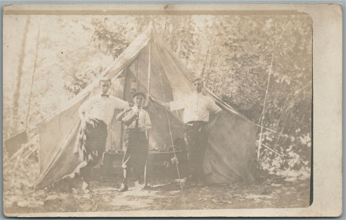 3 BOYS IN A CAMP ANTIQUE REAL PHOTO POSTCARD RPPC