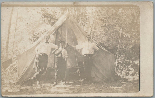 3 BOYS IN A CAMP ANTIQUE REAL PHOTO POSTCARD RPPC