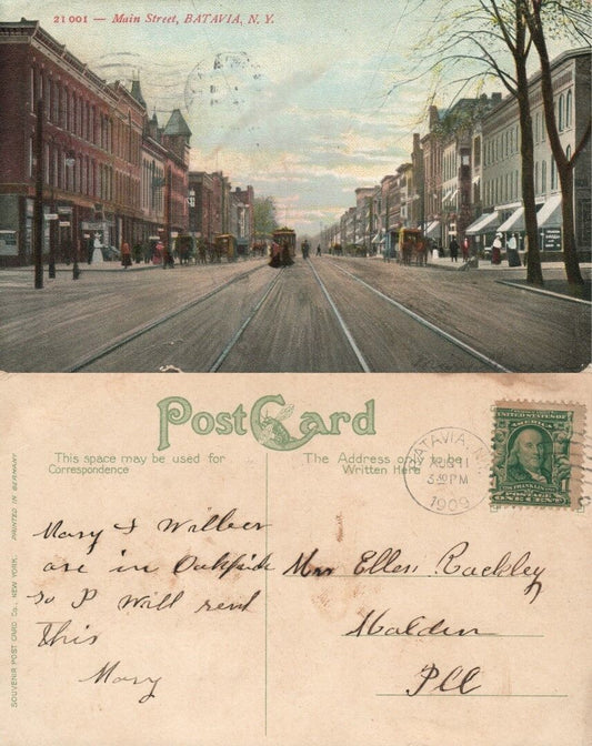 BATAVIA N.Y. MAIN STREET 1909 ANTIQUE POSTCARD