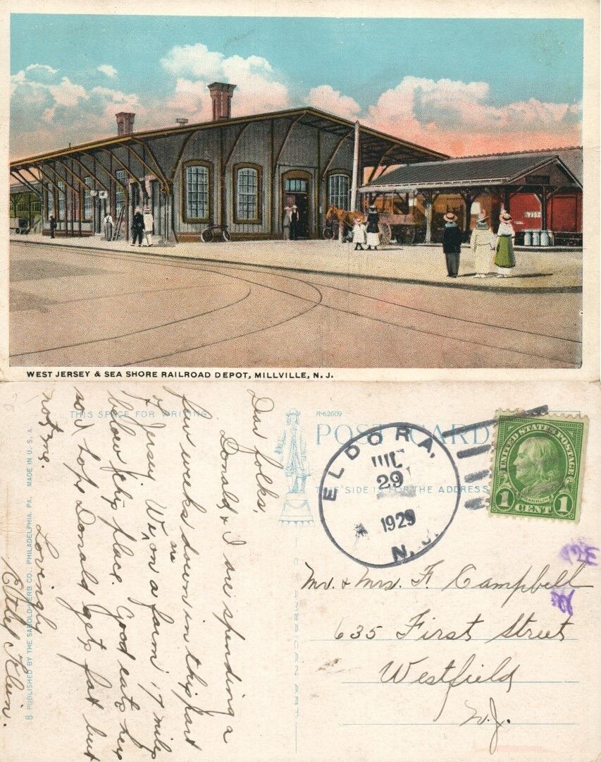 MILLVILLE N.J. RAILROAD STATION 1929 ANTIQUE POSTCARD railway depot