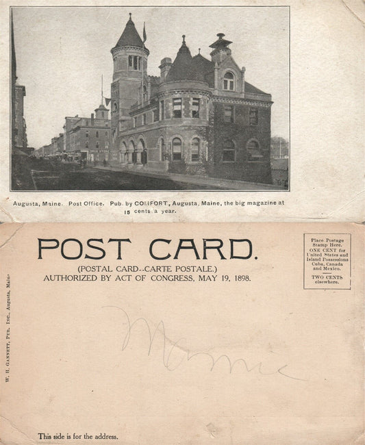 AUGUSTA ME POST OFFICE 1898 UNDIVIDED ANTIQUE POSTCARD