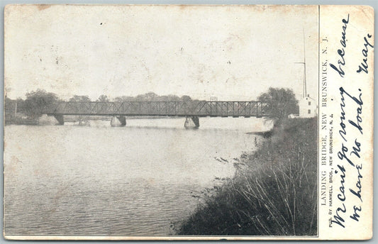 NEW BRUNSWICK NJ LANDING BRIDGE UNDIVIDED 1906 ANTIQUE POSTCARD w/ CORK CANCEL