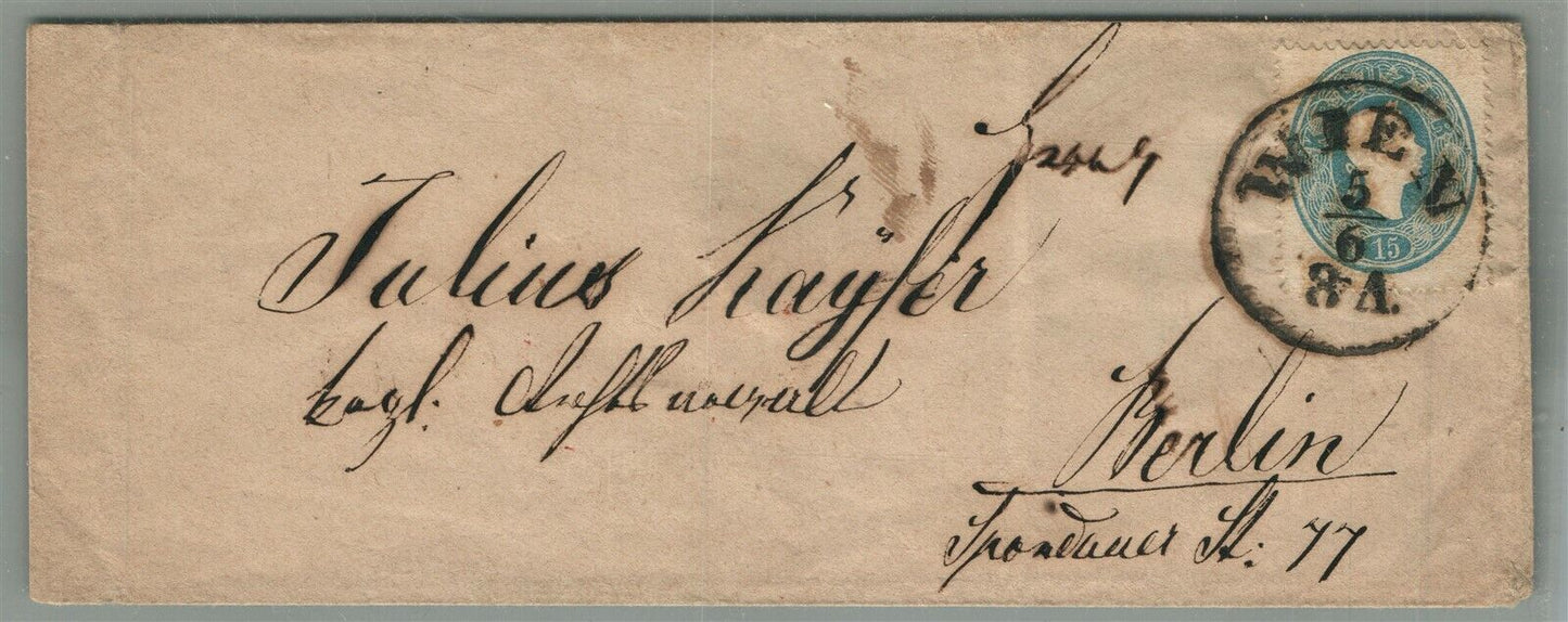 AUSTRIA to BERLIN GERMANY ANTIQUE COVER w/ 1860 FRANZ JOSEF 15 kreutzer STAMP