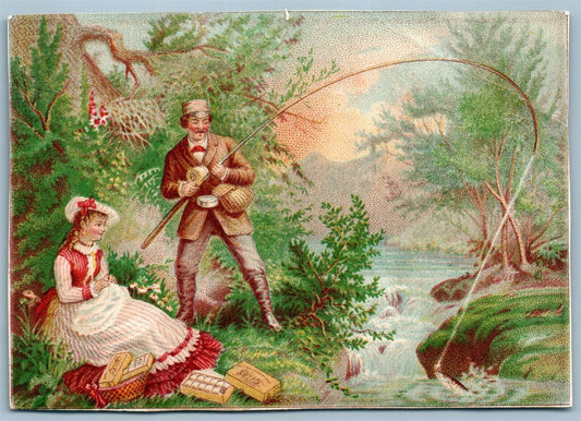 FISHING COUPLE SPOOL COTTON ANTIQUE ADVERTISING VICTORIAN TRADE CARD CALENDAR