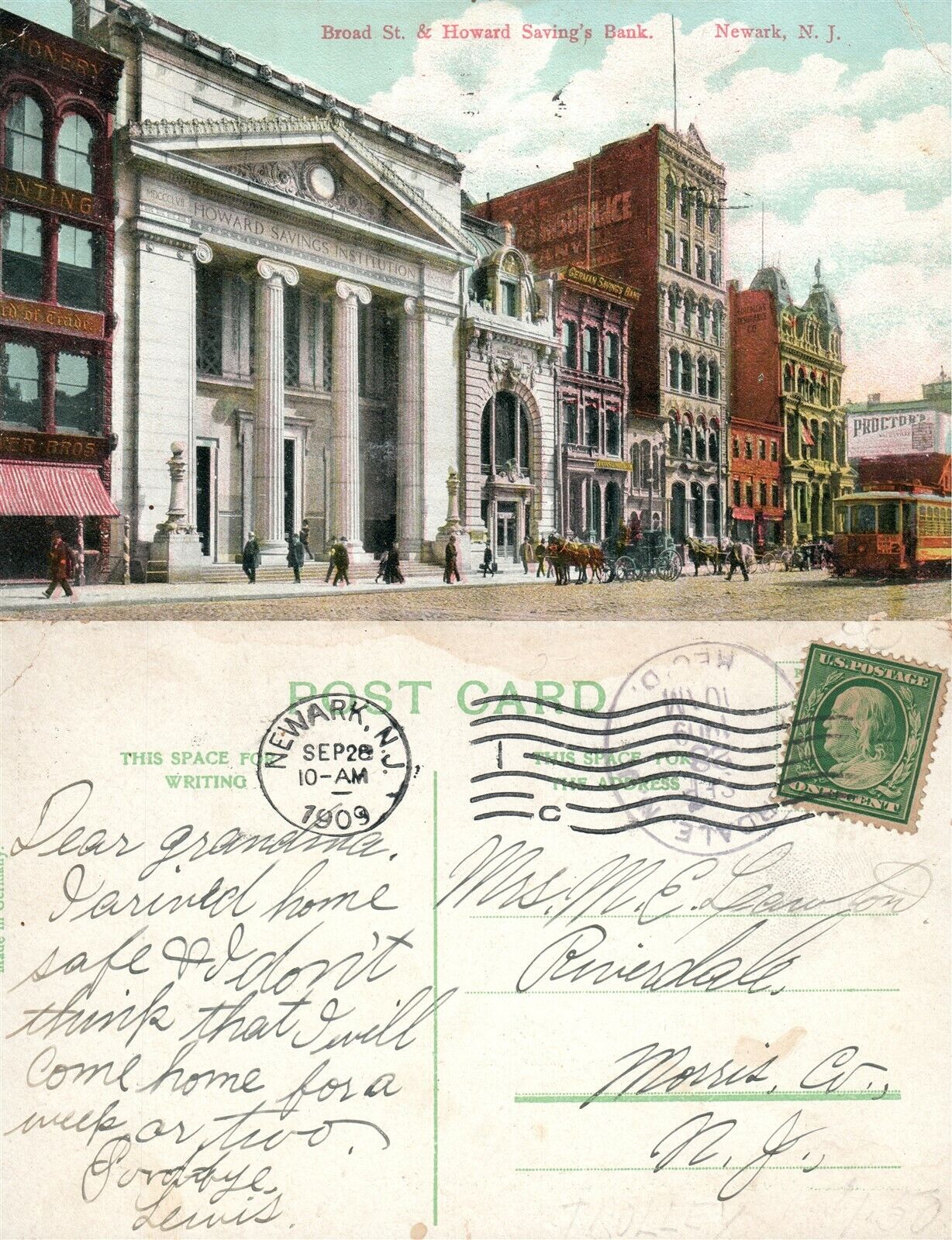 NEWARK N.J. BROAD STREET & HOWARD SAVINGS BANK 1909 ANTIQUE POSTCARD