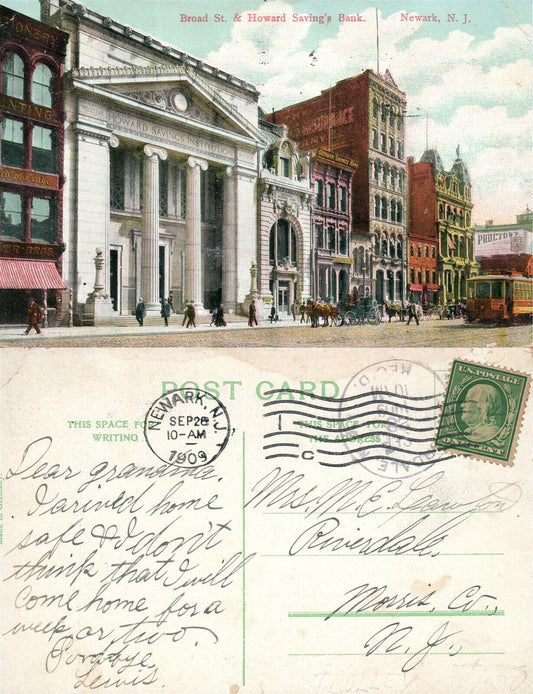 NEWARK N.J. BROAD STREET & HOWARD SAVINGS BANK 1909 ANTIQUE POSTCARD