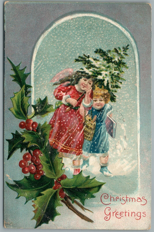 KIDS w/ CHRISTMAS TREE NEW YEAR ANTIQUE POSTCARD