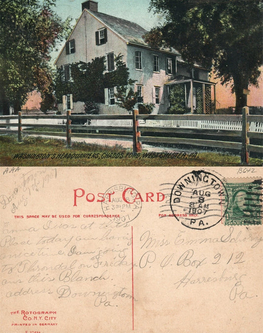 WEST CHESTER PA CHADDS FORD WASHINGTON'S HEADQUARTERS 1907 ANTIQUE POSTCARD