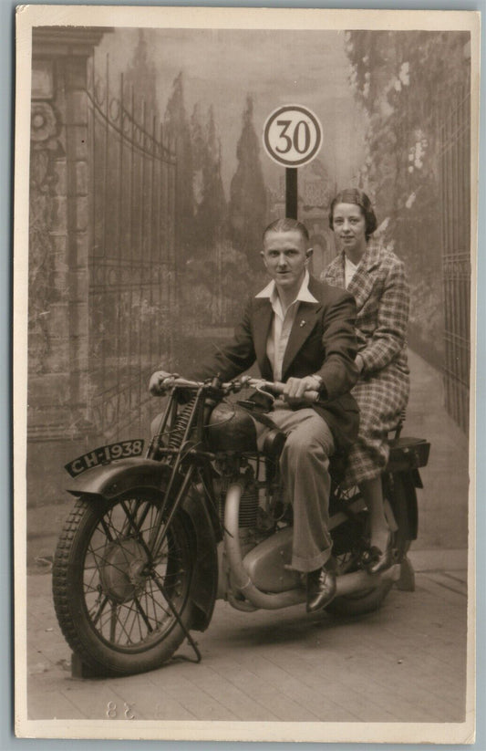 COUPLE on MOTORCYCLE 1938 VINTAGE REAL PHOTO POSTCARD RPPC