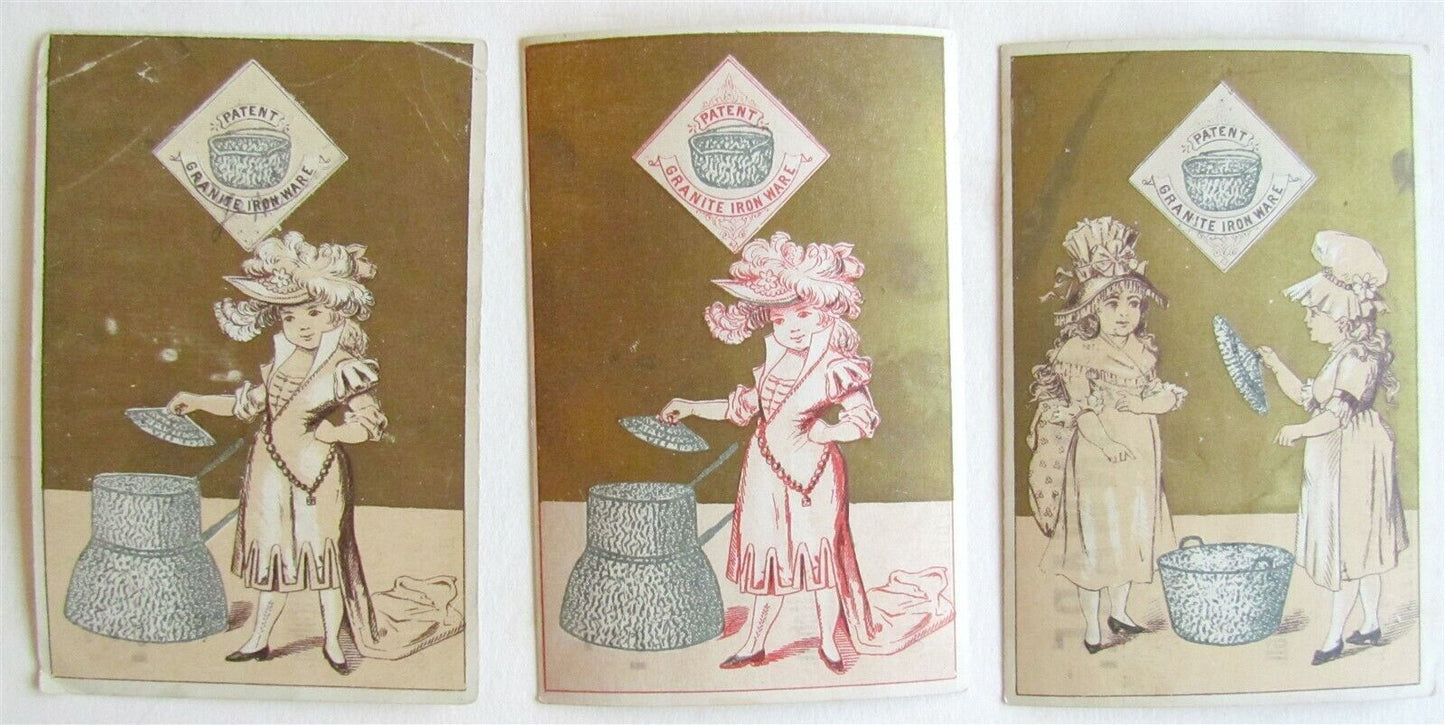 PHILADELPHIA PA GRANITE IRONWARE 3 ANTIQUE VICTORIAN TRADE CARDS SET