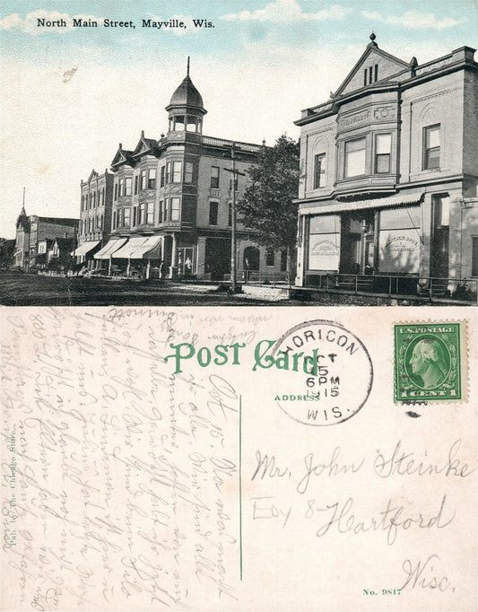 MAYVILLE WIS. NORTH MAIN STREET 1915 ANTIQUE POSTCARD