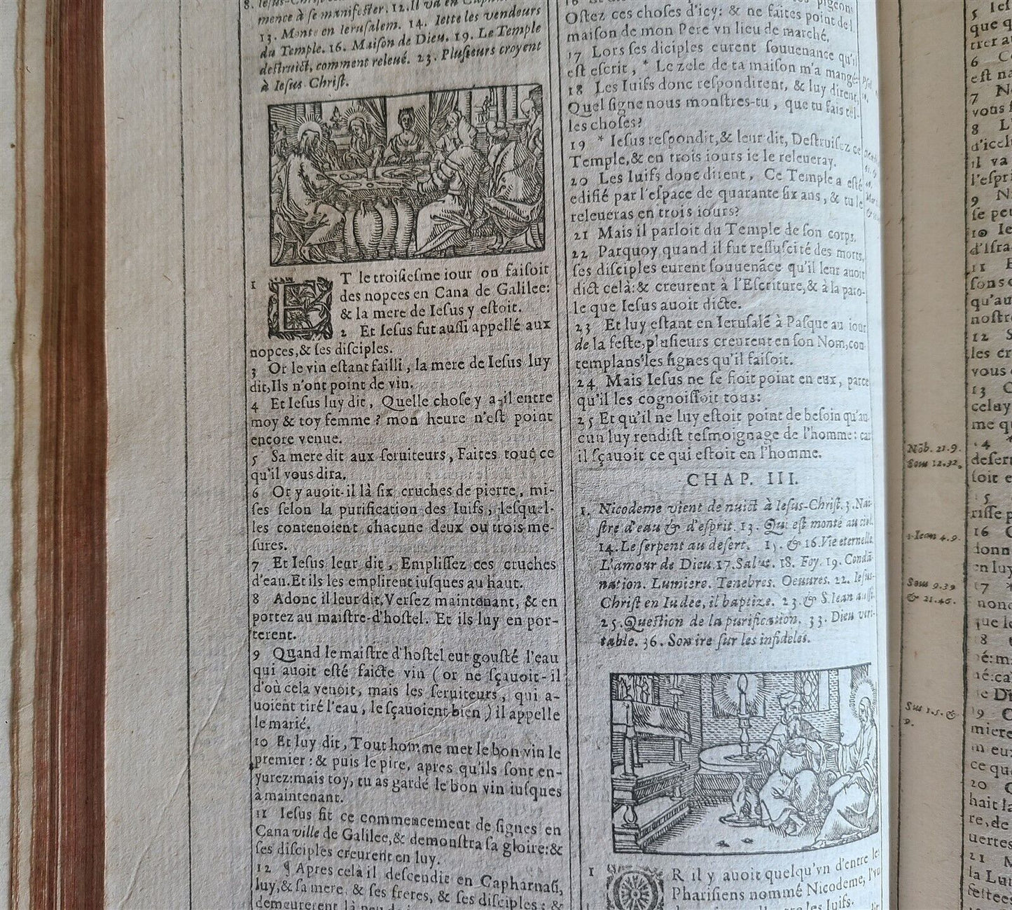 1620 BIBLE in FRENCH ANTIQUE ILLUSTRATED w/ 215 WOODCUTS !