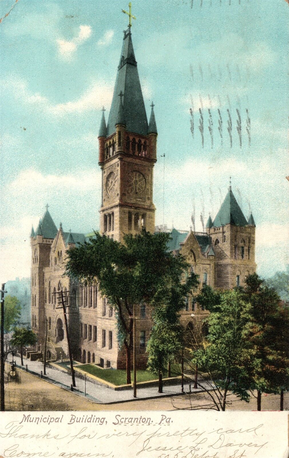 SCRANTON PA MUNICIPAL BUILDING 1907 UNDIVIDED ANTIQUE POSTCARD
