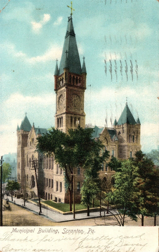 SCRANTON PA MUNICIPAL BUILDING 1907 UNDIVIDED ANTIQUE POSTCARD