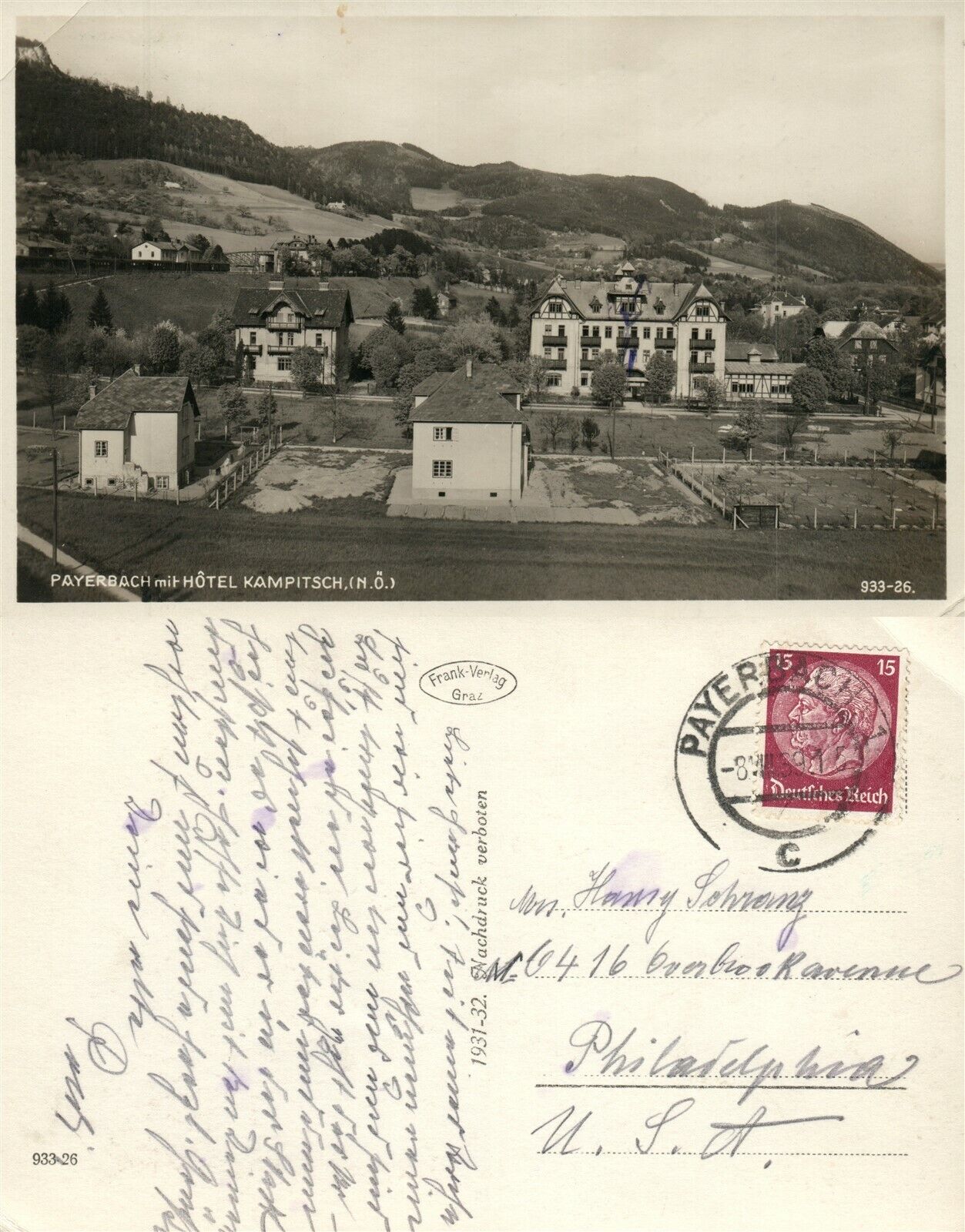 PAYERBACH AUSTRIA HOTEL KAMPITSCH 1932 VINTAGE PHOTO POSTCARD RPPC w/ STAMP