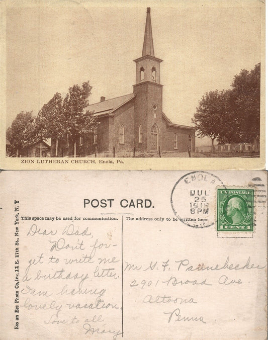 ENOLA PA ZION LUTHERAN CHURCH 1915 ANTIQUE POSTCARD w/ CORK CANCEL