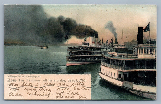 DETROIT MI TASHMOO OFF FOR A CRUISE 1906 ANTIQUE POSTCARD ship