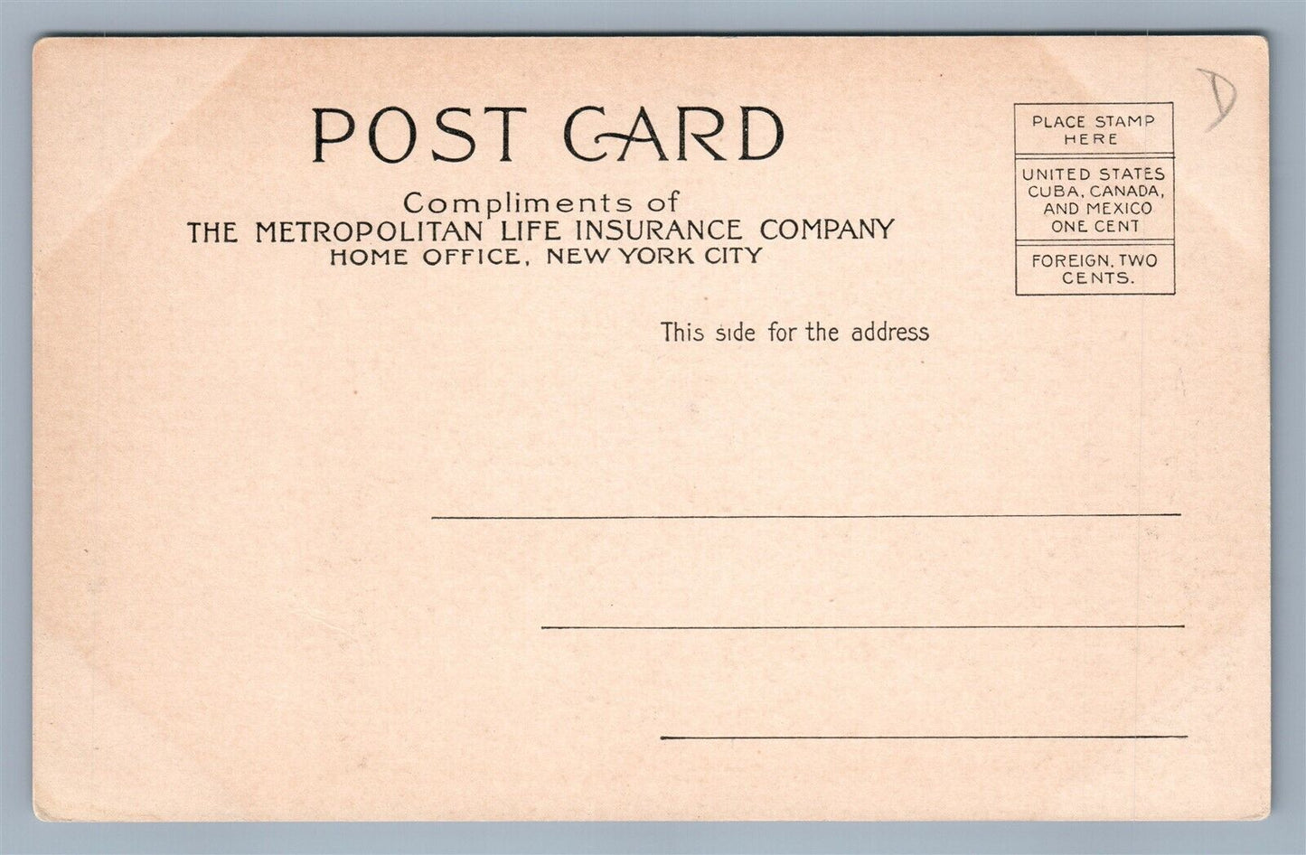 METROPOLITAN LIFE INSURANCE COMPANY ADVERTISING NEW YORK NY ANTIQUE POSTCARD