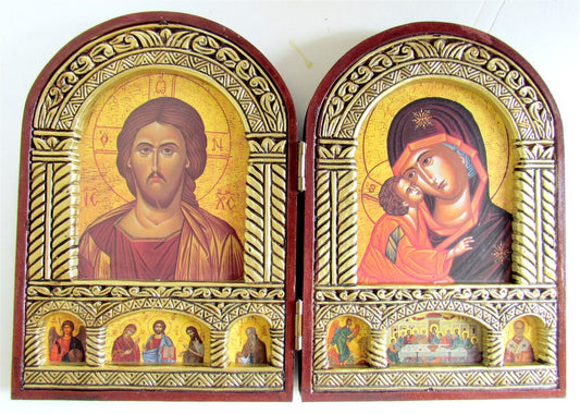 GREEK ORTHODOX ICON DIPTYCH on WOOD of JESUS & HOLY VIRGIN