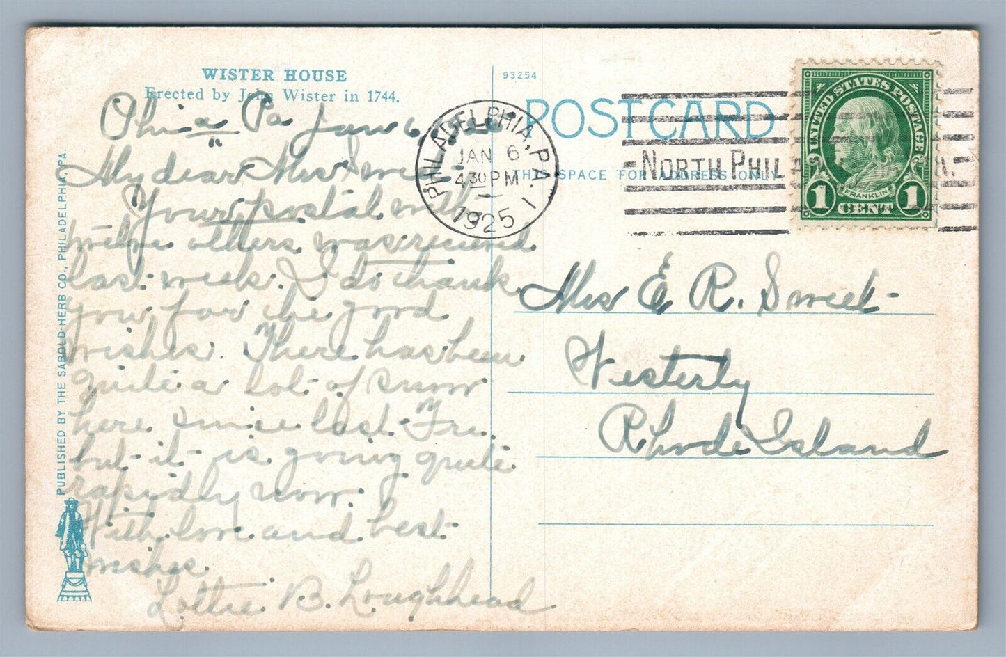 PHILADELPHIA PA GERMANTOWN WISTER HOUSE ANTIQUE POSTCARD