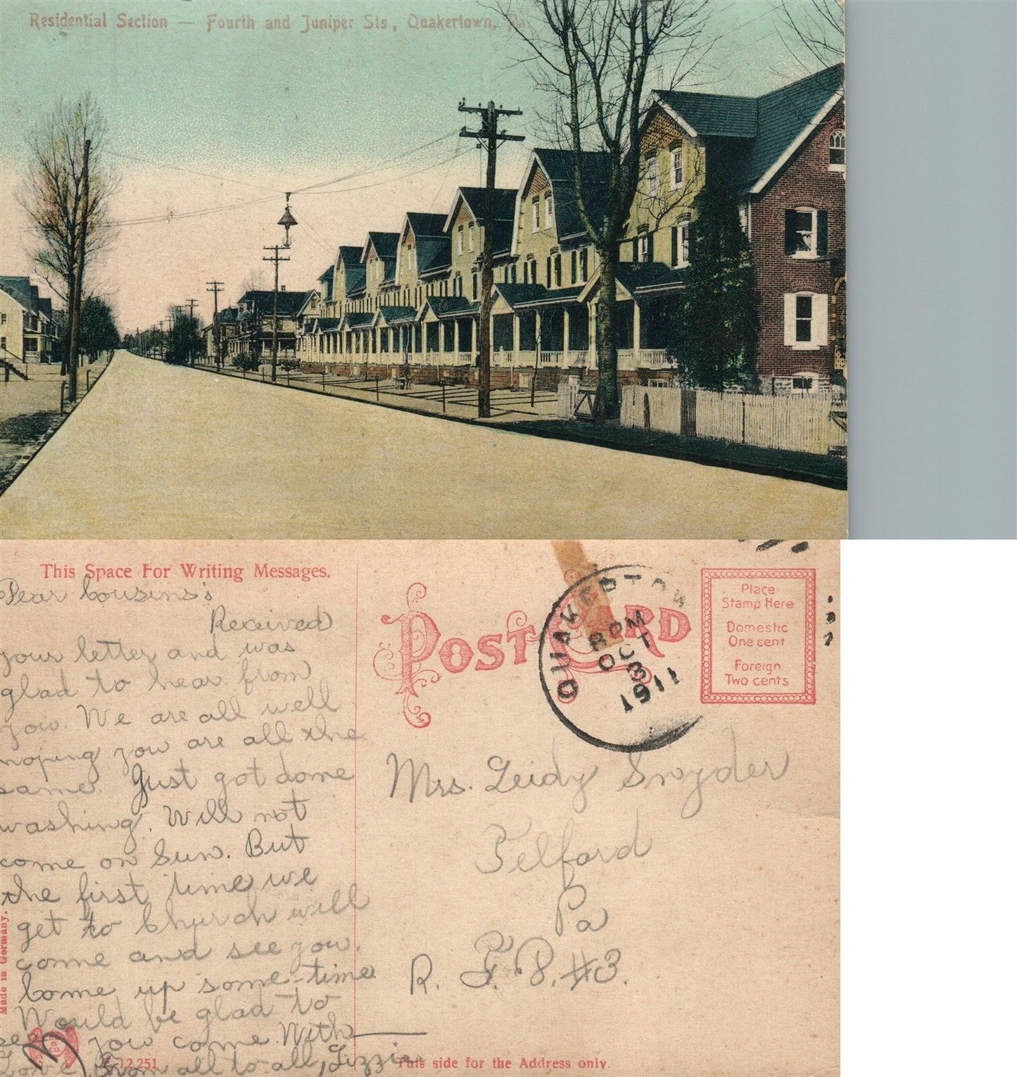 QUAKERTOWN BUCKS COUNTY PA FRONT & JUNIPER STREET 1911 ANTIQUE POSTCARD