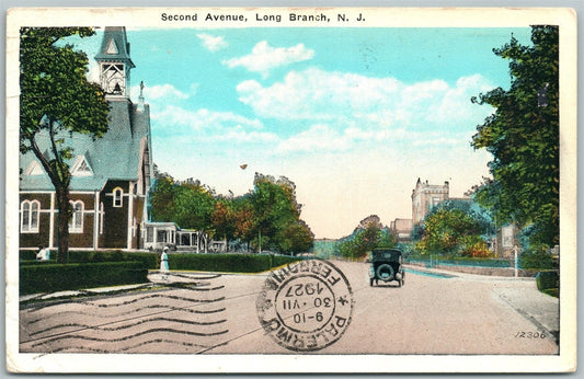 LONG BRANCH NJ SECOND AVENUE 1927 ANTIQUE POSTCARD